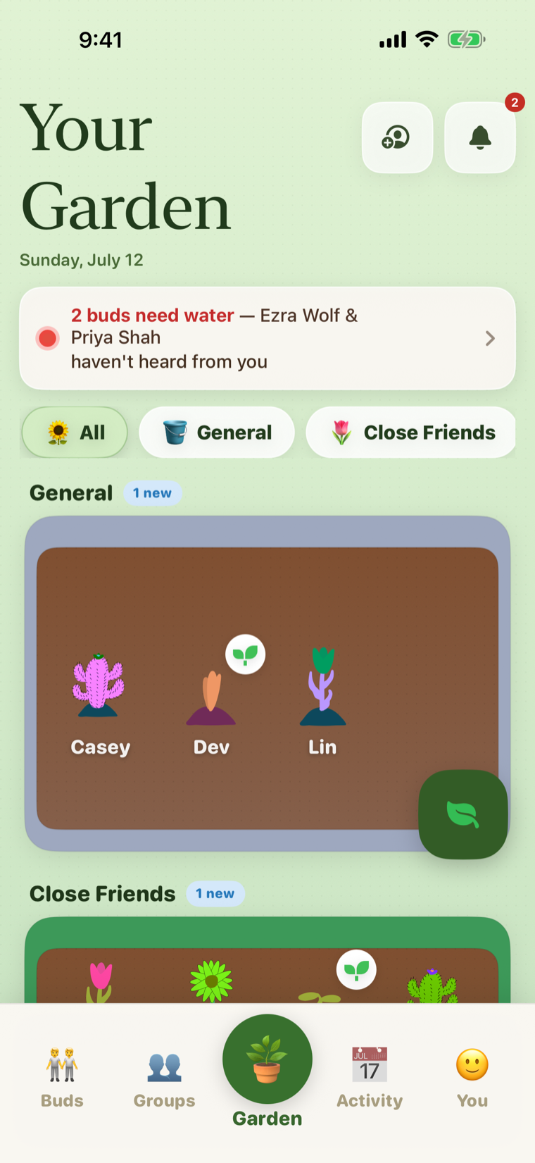 Budly Garden screen showing friends as plants