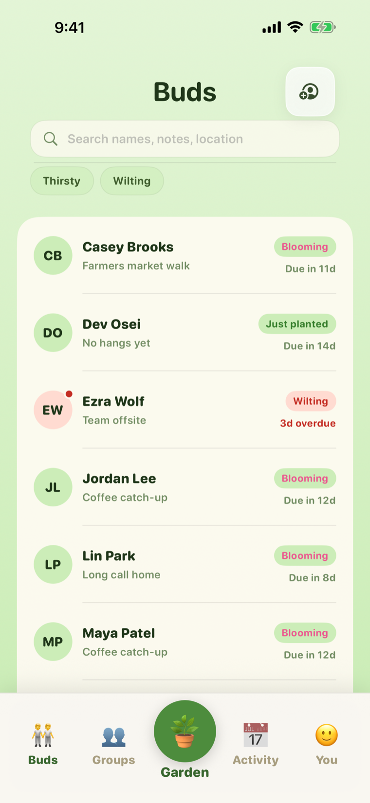 Budly Buds list with friendship statuses