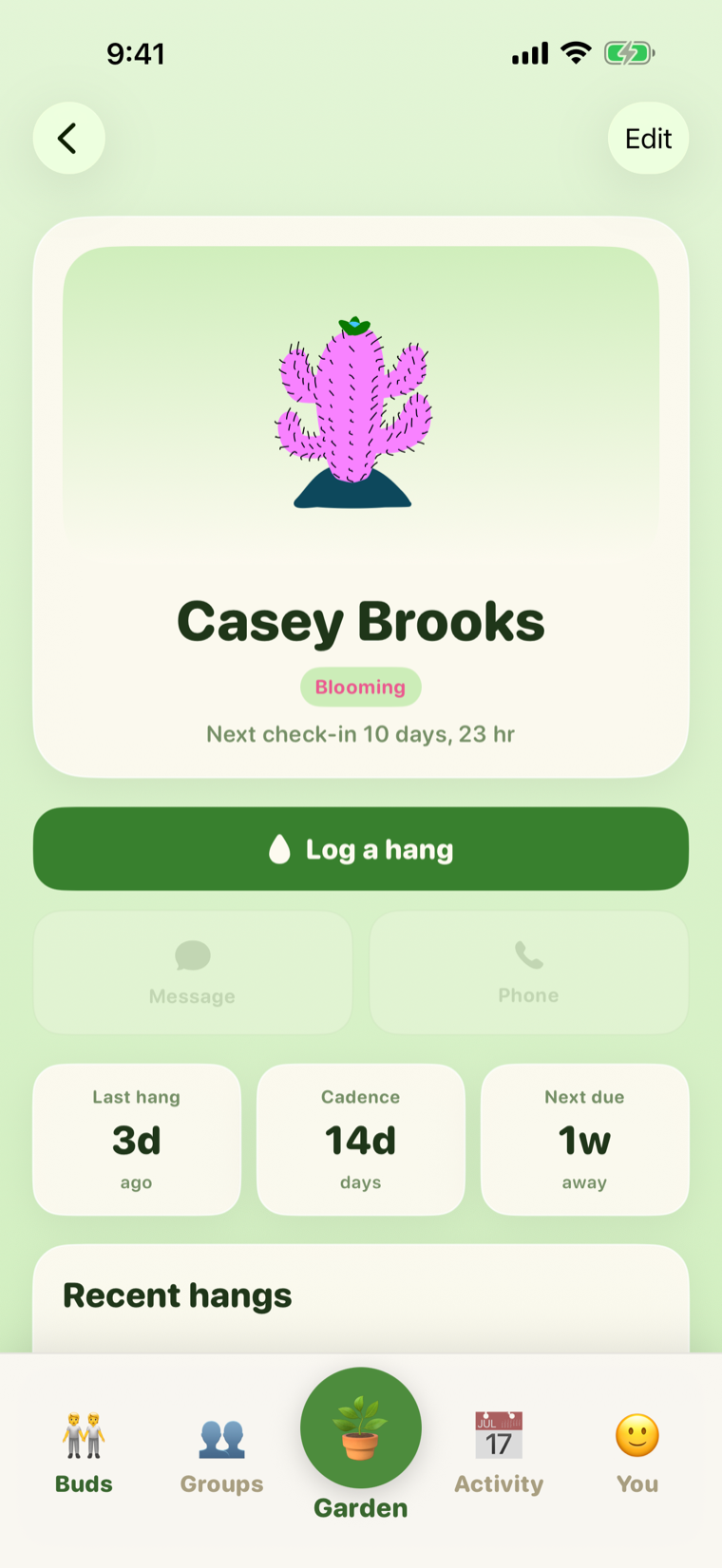 Budly friend detail with a Log a hang button