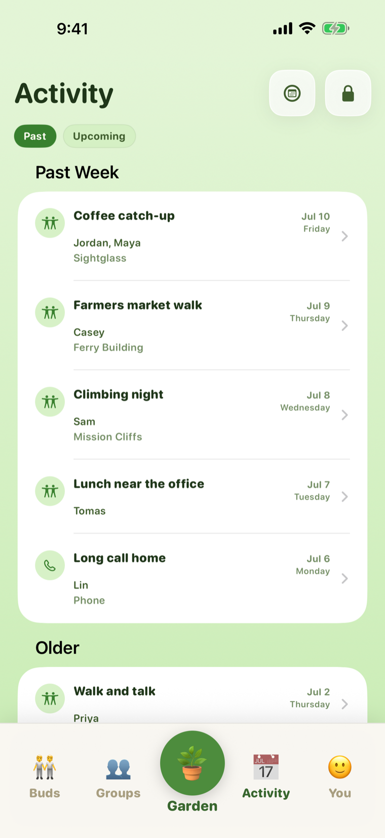 Budly Activity feed of recent hangs